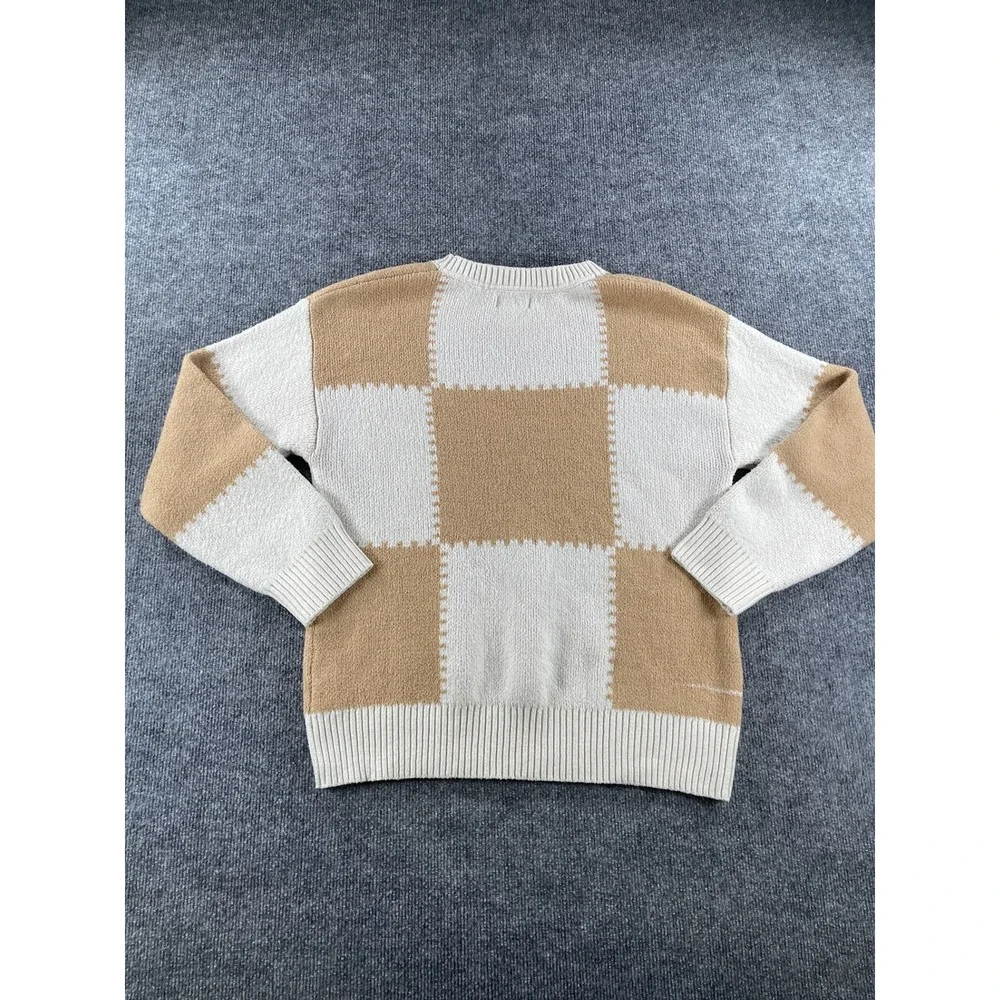 Bearpaw Mens Checkerboard Crewneck Sweater Tan White Knit Pullover Large